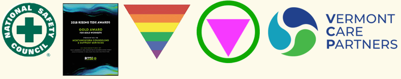 ALGBITAL Ally; Safe Zone; Member of the Vermont Care Partners Network; rainbow triangle logo, green circle with pink triangle logo, CARF logo, Vermont Care Partners Network logo